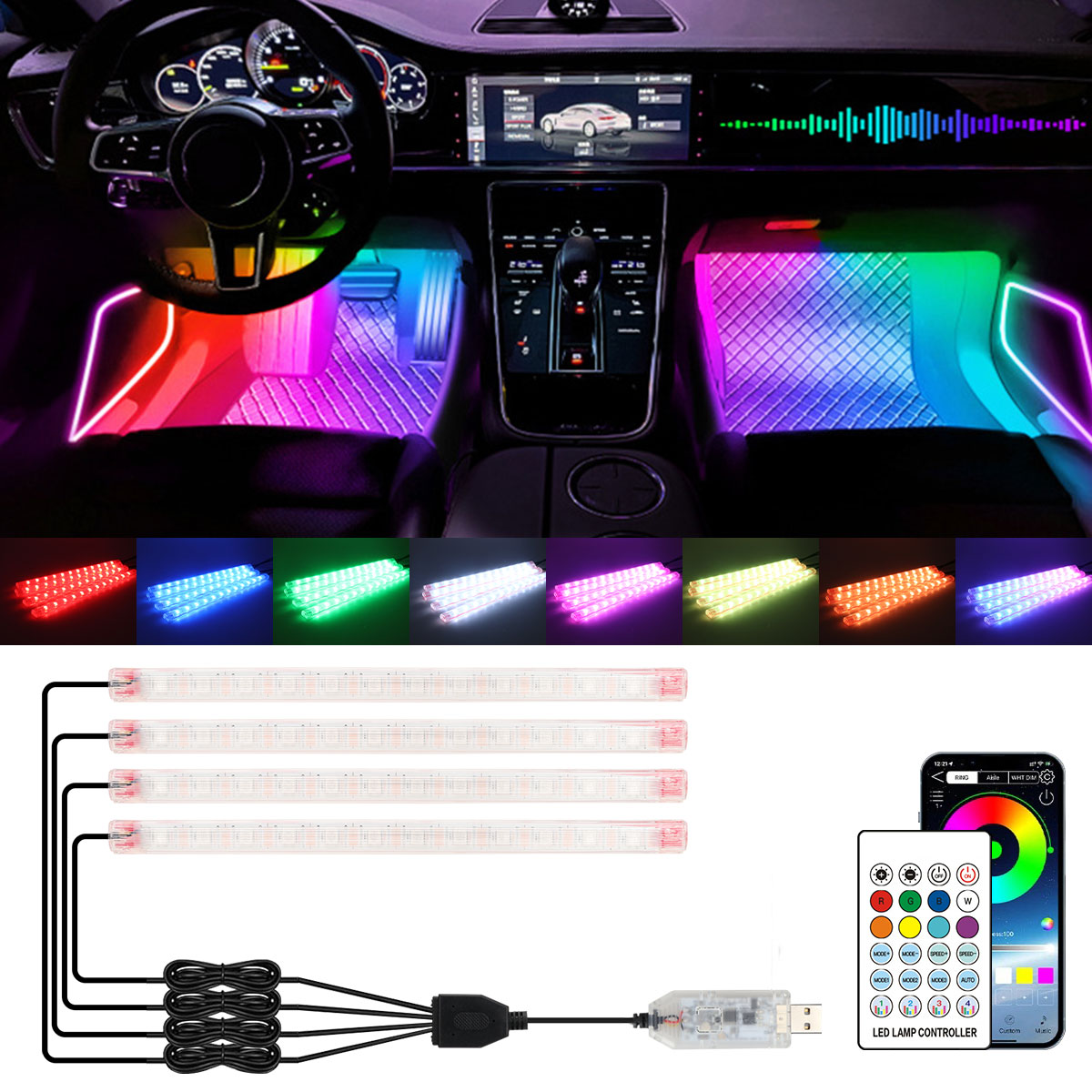Led Ambient Interior Car Lights App Control - 2/4in1 12/18 LED RGB 레인보우 분위기
